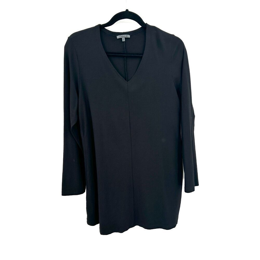 OSKA Women's Black Lagenlook V-Neck Oversized Long Sleeve Tunic Top Size 8 / 10
